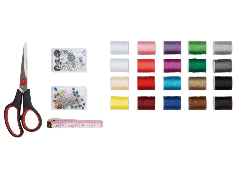 Een set met naaigaren, spelden, veiligheidsspelden en een schaar.