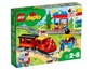 LEGO Duplo stoomtrein met een push-and-go motor, wagon en speelfiguren.