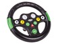 Een zwart speelgoed stuurwiel met groene accenten, knoppen en meters.