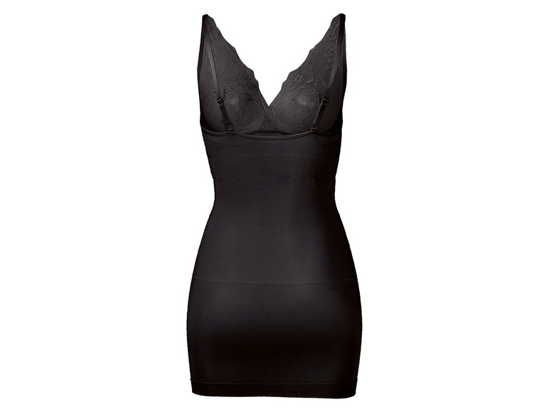 Een zwarte slipdress met ingebouwde beha en kant.