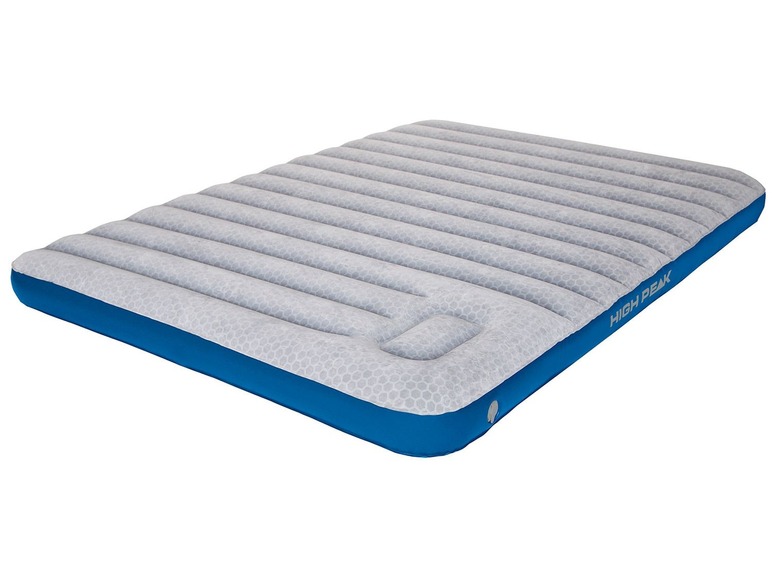 Een grijs en blauw opblaasbaar luchtbed van High Peak.