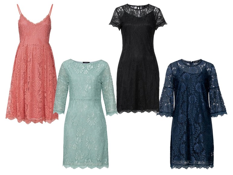 Vier verschillende kantjurken in roze, mintgroen, zwart en donkerblauw.