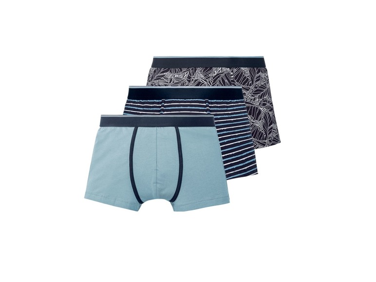 Drie boxershorts: effen blauw, gestreept en met een tropisch printje.