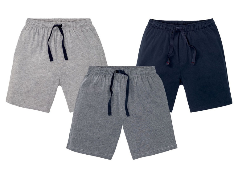 Drie korte broeken voor heren in grijs, donkerblauw en gestreept donkerblauw.