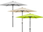 Drie parasols in grijs, beige en groen.