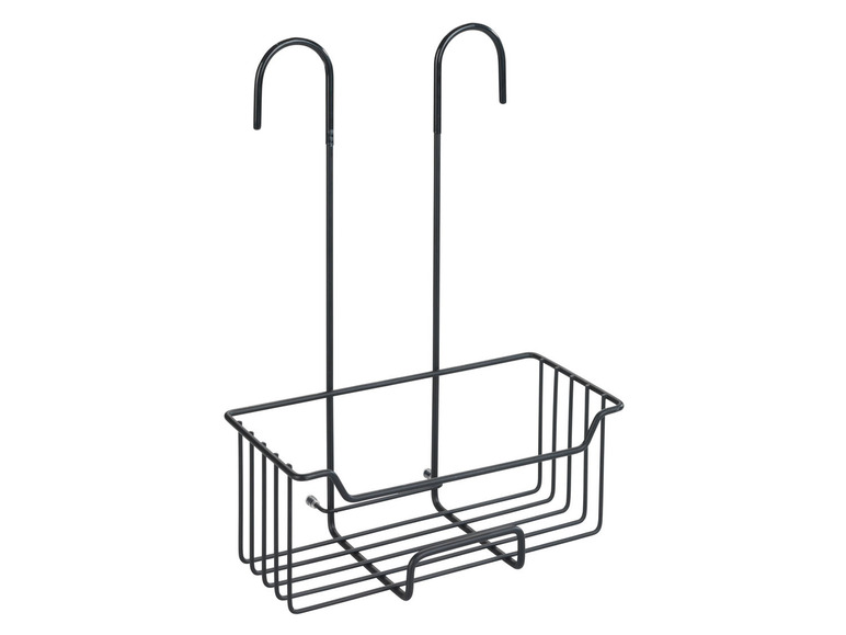 Een zwarte metalen douchemand met twee haken.