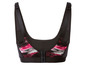Een zwarte sportbeha met roze en grijze print.