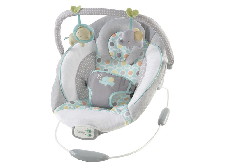 Een grijze baby-schommelstoel van Ingenuity met een olifantenthema.