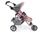 Een roze kinderwagen voor poppen met een grijs zonnedak.