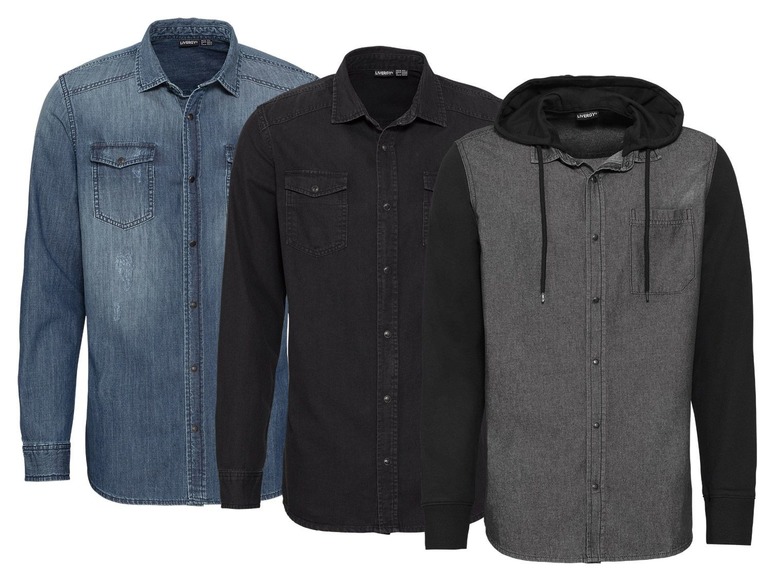 Drie lange mouw overhemden van Livery: een blauwe denim, een zwarte en een grijze met capuchon.