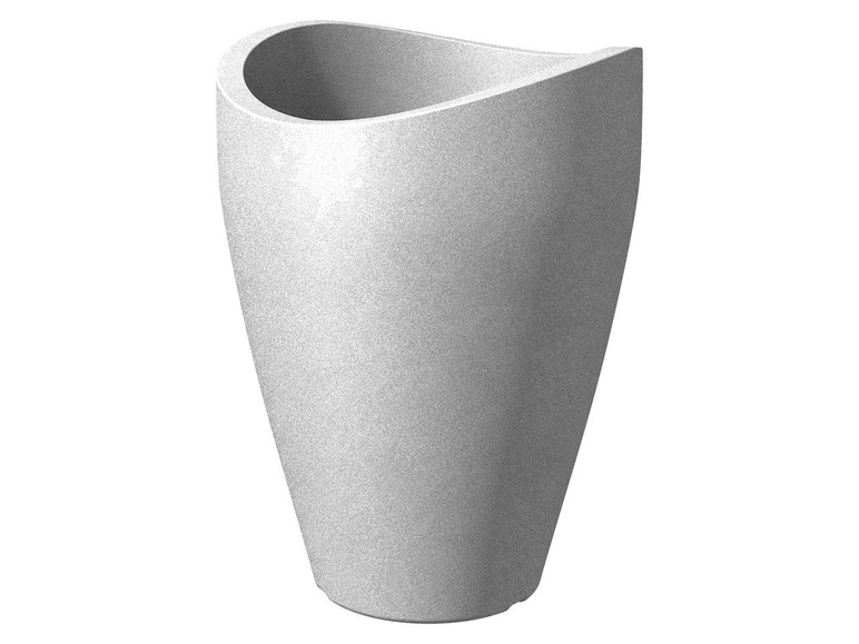 Een grijze, ronde plantenpot met een golvende bovenkant.