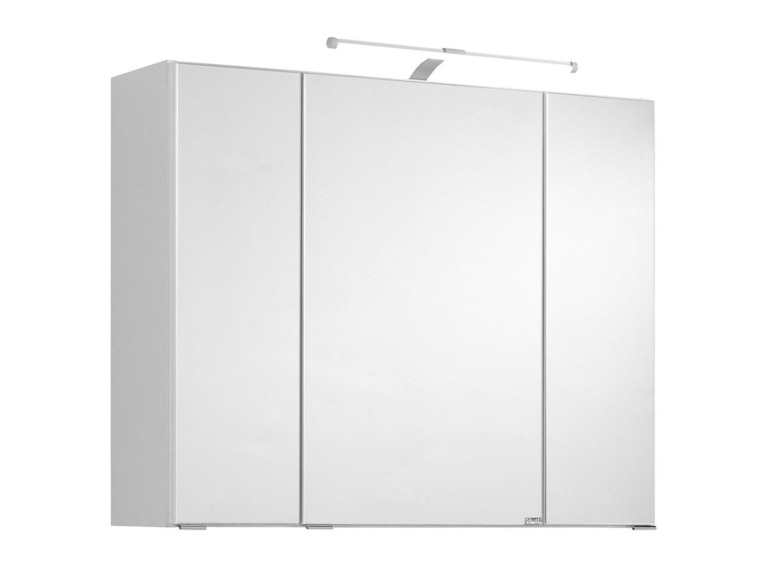 Witte badkamerkast met spiegeldeuren en verlichting.