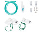 Nebulizer set met twee gezichtsmaskers, slang en mondstukken.