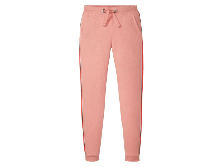 Roze joggingbroek met rode strepen.