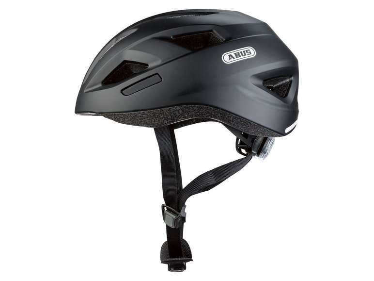 Zwarte fietshelm van Abus met reflecterende details.