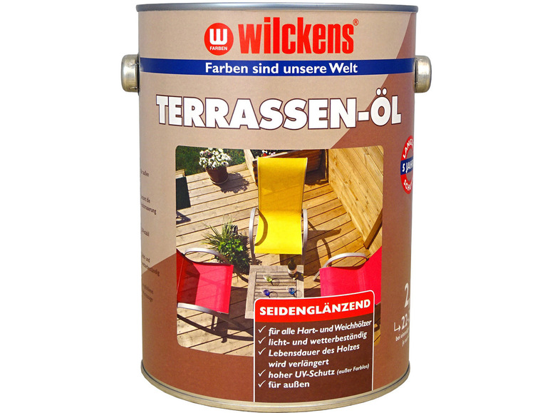 Wilckens terras-olie voor hard- en zachthout, met UV-bescherming.