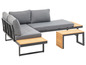 Een grijze hoekbank met houten tafel, geschikt voor buiten