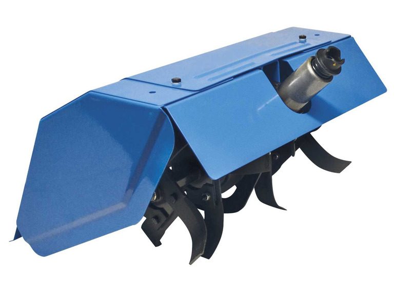 Blauwe grondfrees met beschermkap en messen.