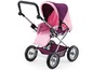 Een roze en paarse poppenwagen met wielen.