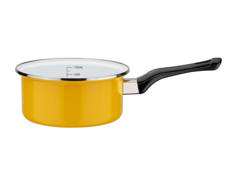 Gele kookpot met zwarte handgreep.