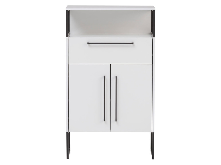Witte kast met twee deuren, een lade en een open vak.