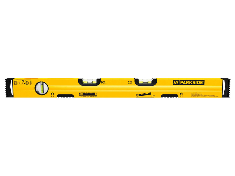 Een gele waterpas van Parkside met een lengte van 2 inch.