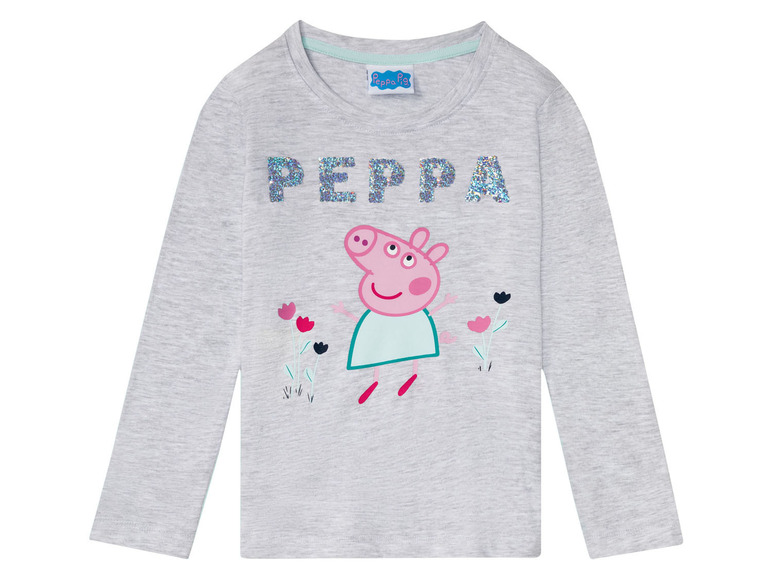 Een grijs T-shirt met lange mouwen met Peppa Pig.