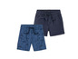 Twee blauwe jongenshorts, een met motorcross print