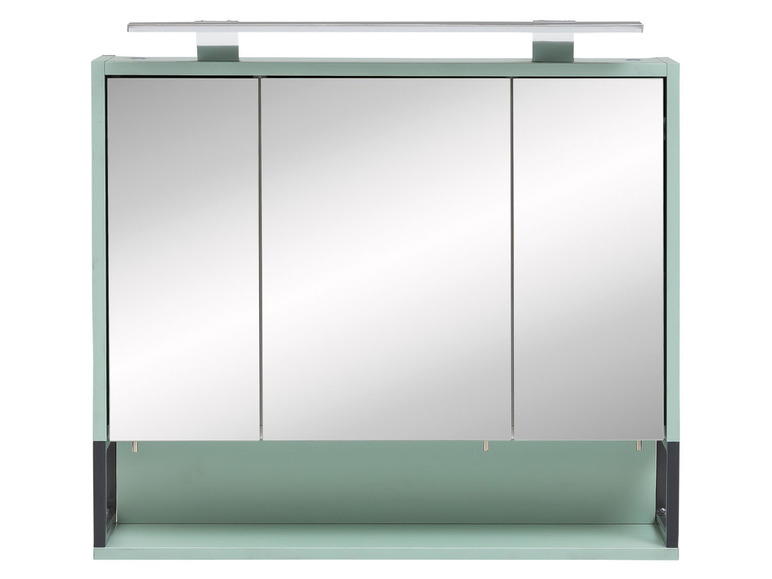 Een mintgroene badkamerkast met drie spiegeldeuren en een ingebouwde lamp.