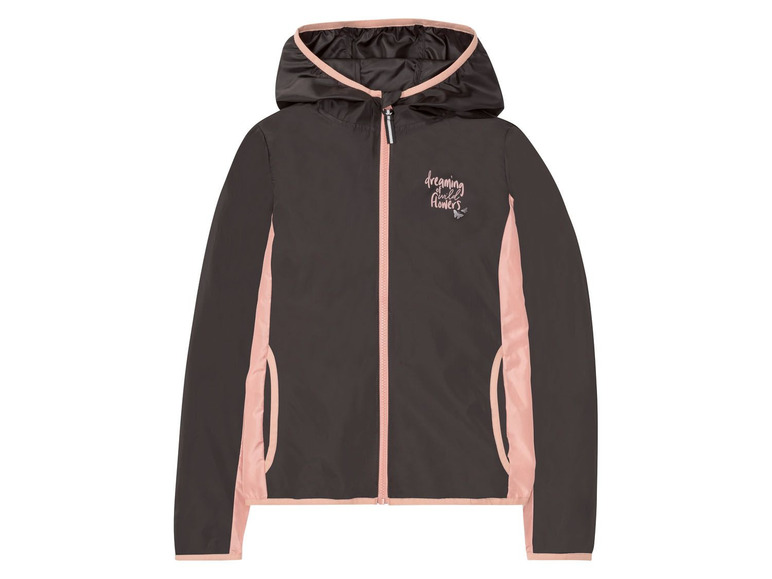 Een donkergrijze meisjesjas met roze details en de tekst 'dreaming of wild flowers'.