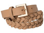 Een lichtbruine leren riem met gevlochten details.