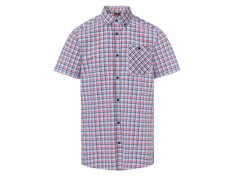 Een blauw, rood en wit geruit overhemd met korte mouwen.