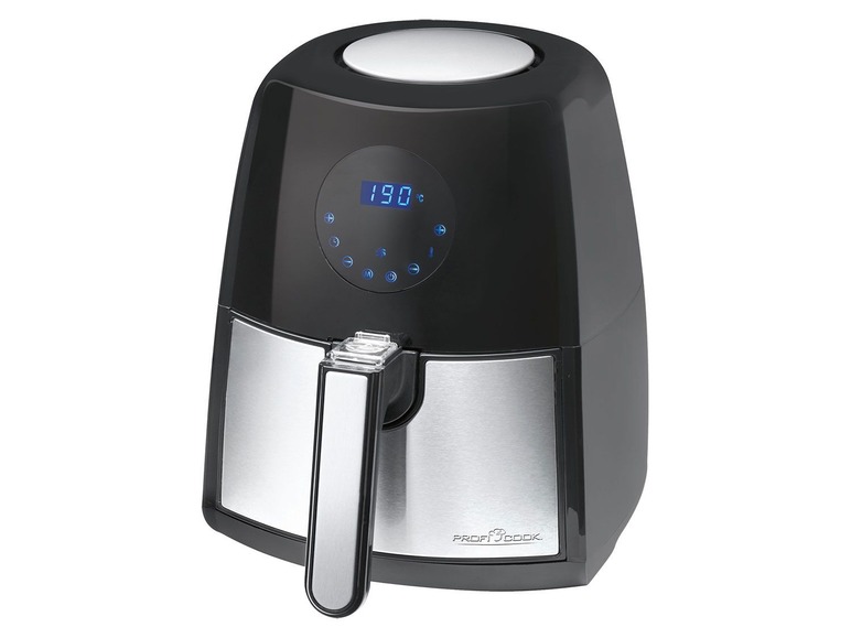 Een zwarte airfryer van ProfiCook met een digitale display.