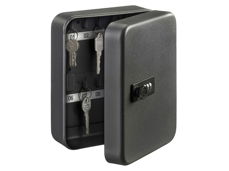 Een zwarte sleutelbox met cijferslot voor het opslaan van sleutels.