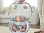 Een baby die in een Fisher-Price schommelstoel zit met een speelgoedbeugel met een leeuw en olifant.
