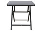 Een zwarte, opvouwbare tafel met glazen blad.