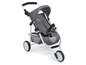 Grijze kinderwagen voor poppen met een wit hartje.
