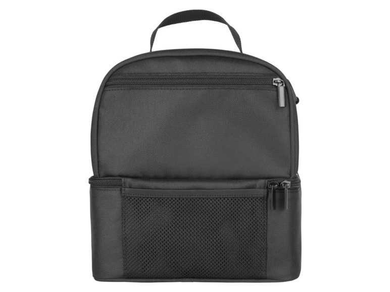 Een zwarte geïsoleerde lunchtas met meerdere vakken.