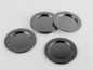 Vier ronde, zwarte, metalen onderzetters.
