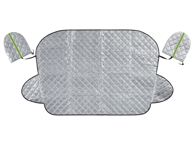 Een zilveren zonnescherm voor de auto met twee zijpanelen.