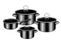 Een set van vier zwarte kookpotten met glazen deksels.