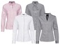 Drie Esmara blouses: roze, wit en grijs gestreept met strik.
