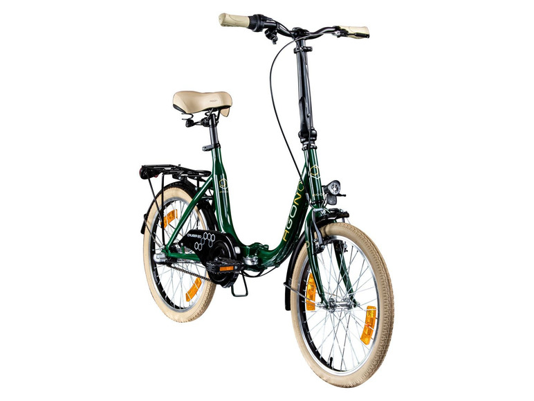 Een groene Agon Cruiser 20 vouwfiets met beige banden.
