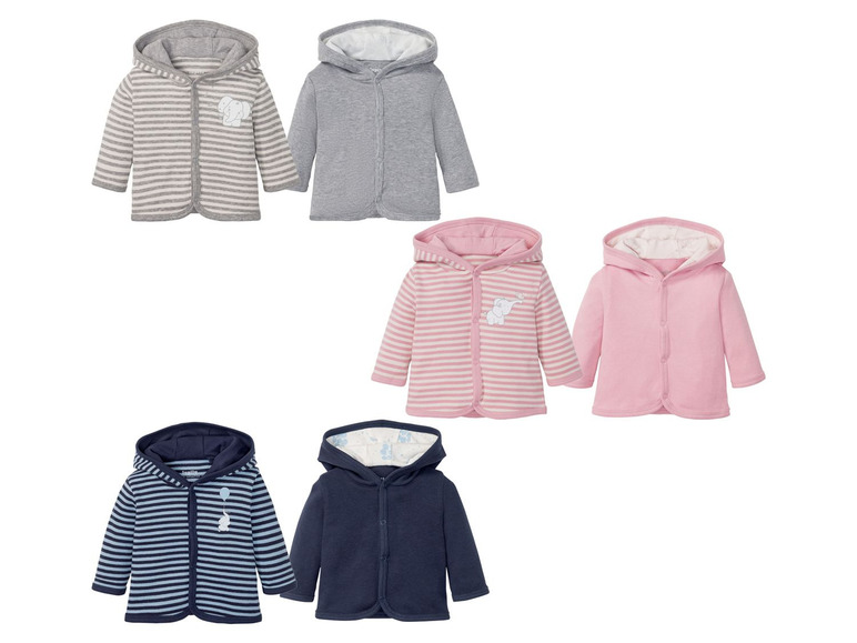 Baby hooded jackets in pink, grey, blue and white stripes with elephant design.