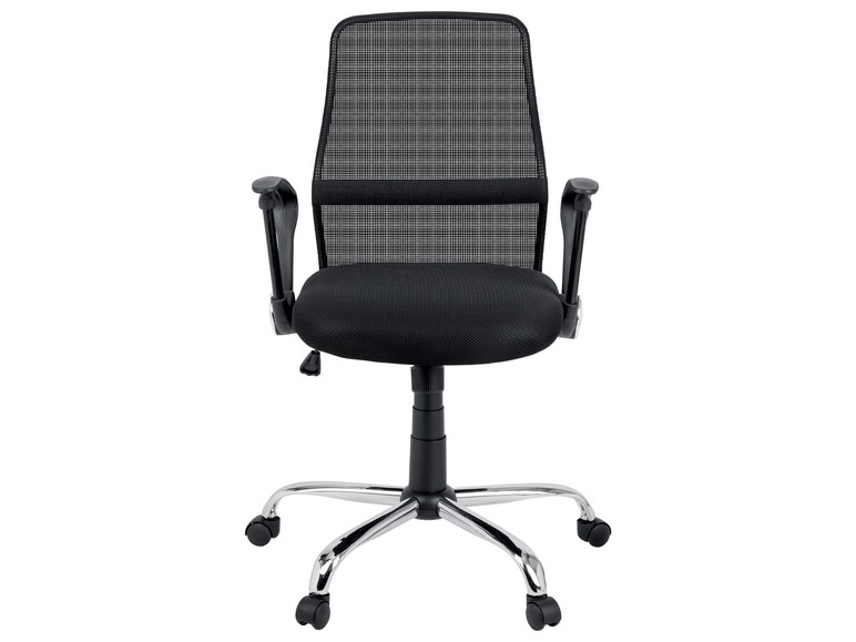 Zwarte bureaustoel met mesh rugleuning en armleuningen.