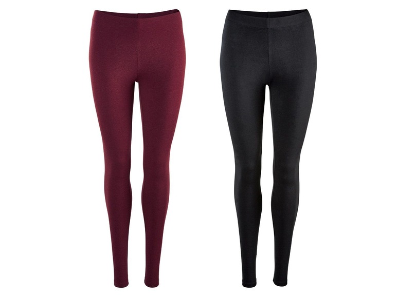 Twee paar leggings, een in donkerrood en een in zwart.