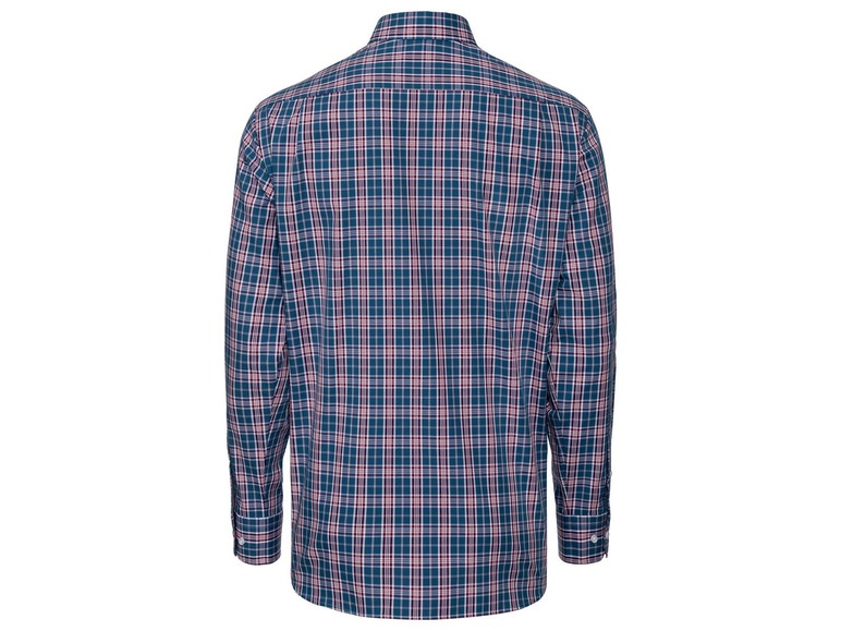 Een blauw-rood geruite overhemd met lange mouwen.