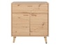 Een houten dressoir met een lade en twee deuren.