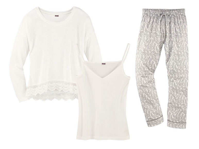 Witte top met kant, wit tanktop en grijze pyjamabroek.