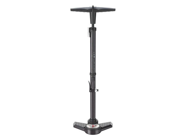 Een zwarte fietspomp met een drukmeter